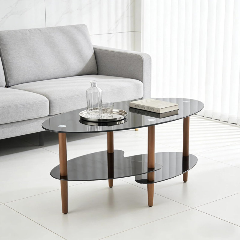 Table basse ovale en verre transparent, table moderne avec pieds en acier inoxydable, table basse en verre à 3 couches pour le salon