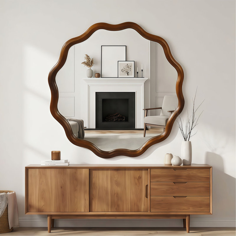 Miroir décoratif rond en bois massif ondulé noir de 36 pouces, pour chambre à coucher, salle de bain, salon, entrée