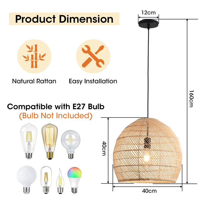 Rattan Pendant Light, Natural Wicker Shade, Iron Frame, Adjustable Height, E27 Socket, 40 Cm Diameter, For Dining Room Hallway (Bulb Not Included)