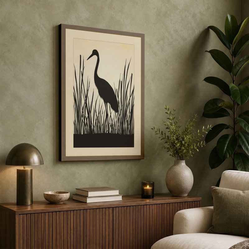 Wading Bird in Reeds Japandi - Wrapped Canvas, 36x24 - 91.4 x 61.0 cm, Ochre Border