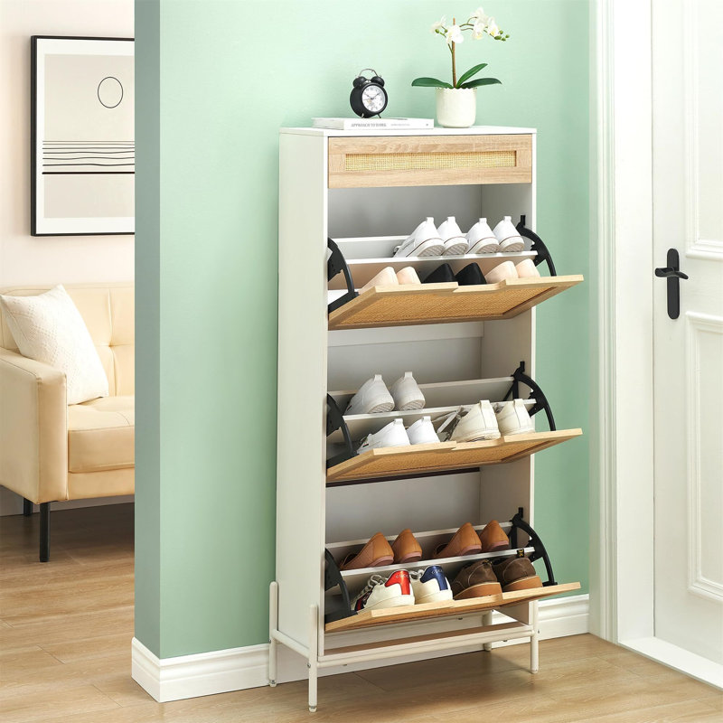16 Pair Shoe Storage Cabinet, White/Natural Wood