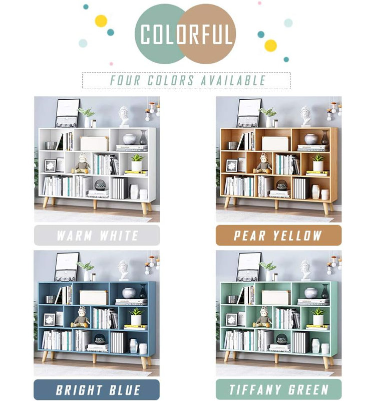 Wooden Open Shelf Bookcase - 3-Tier Floor Standing Display Cabinet Rack with Legs, 10 Cubes Bookshelf, Warm White