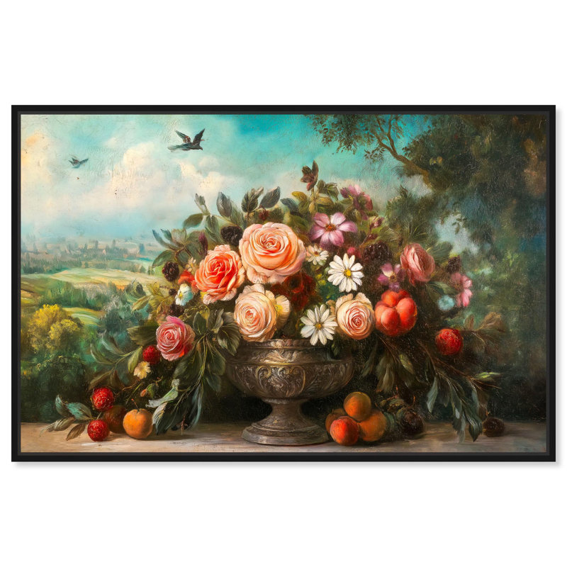 «Dreamscape Flora I», art floral classique par Art Remedy, Cadre flottant noir, H 37 po x l 55 po x P 1,8 po