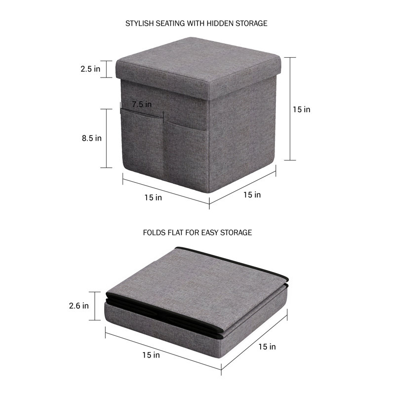 Charboneau Ottomans with Storage Pockets - 15-Inch Folding Foot Rests or Storage Organizers for Bedroom, Living Room, or Dorm, Set of 2 - Grey