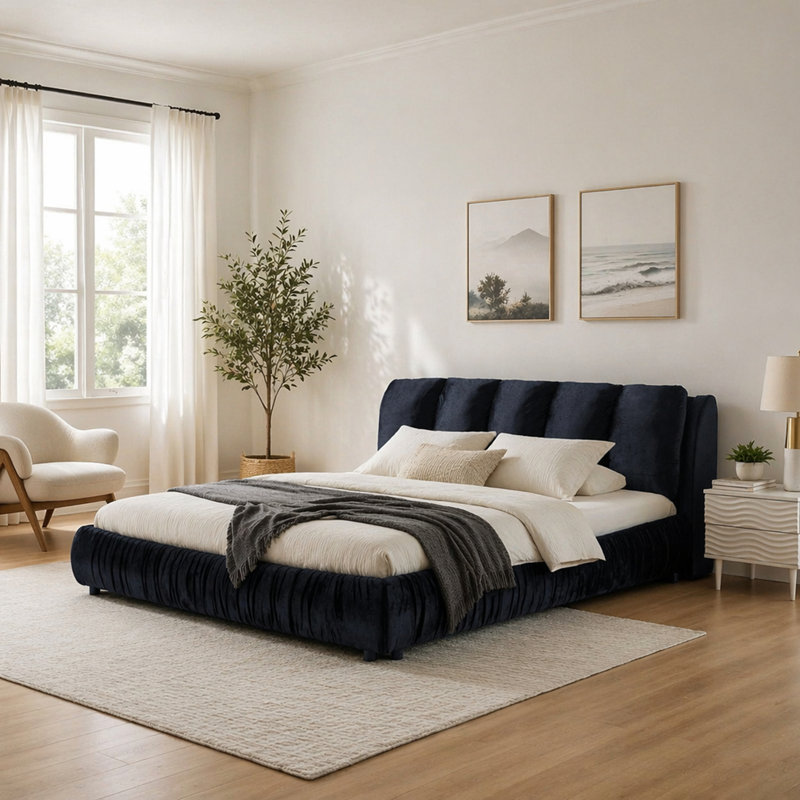 Très grande base de lit tapissier de style très minimaliste avec tête de lit éponge compressée, Black