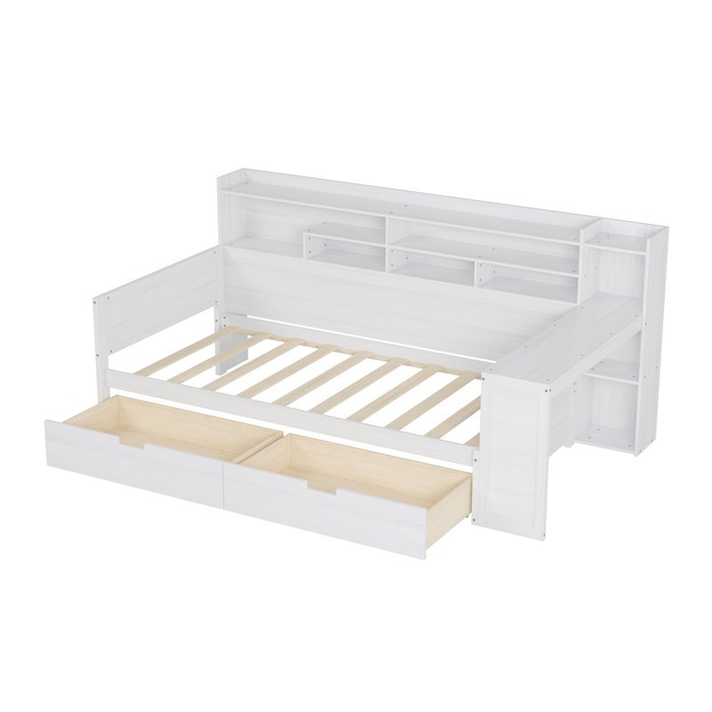 Wooden Daybed With Storage Shelves, Multi-Functional Bed With Two Storage Drawers And  Study Desk, , Antique White