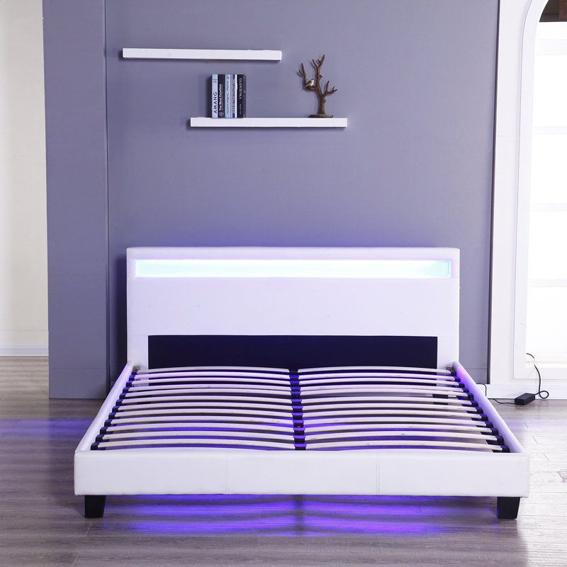 Emete    Vegan Leather Panel Bed, White, Queen