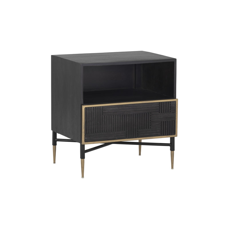 Dark Brown Mango Wood Nightstand with Brass Accents