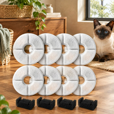 Lot de 8 filtres de rechange en forme de fleur pour fontaines à eau pour animaux de compagnie, avec 4 éponges, utilisant de la résine de charbon actif pour les fontaines à eau compatibles de 81 oz/2,4 L pour chats et chiens.
