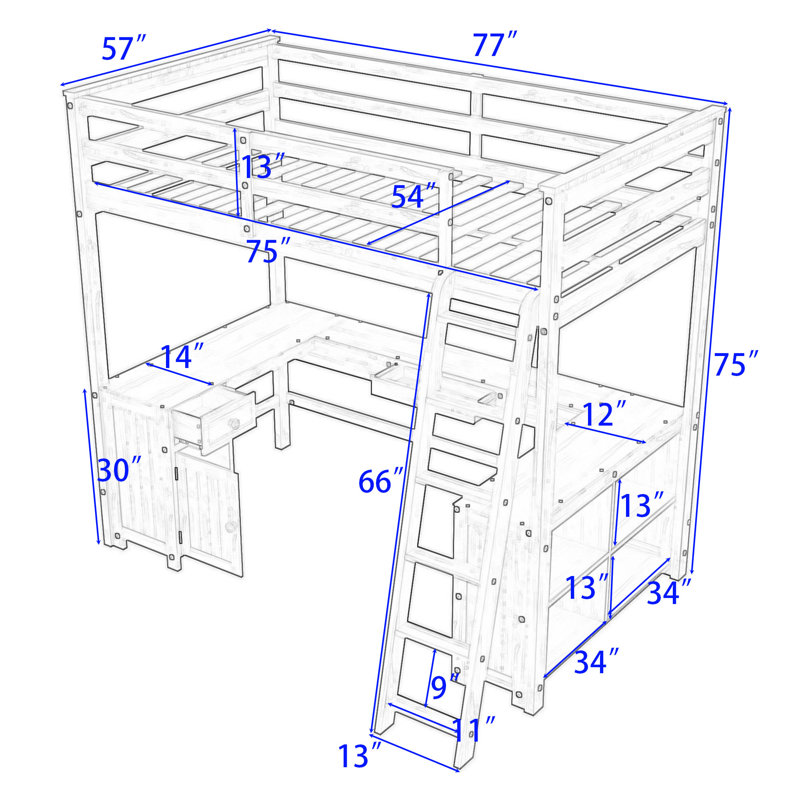 Lit mezzanine en bois 2 tiroirs avec bureau intégré et tablettes, Complète, Blanc