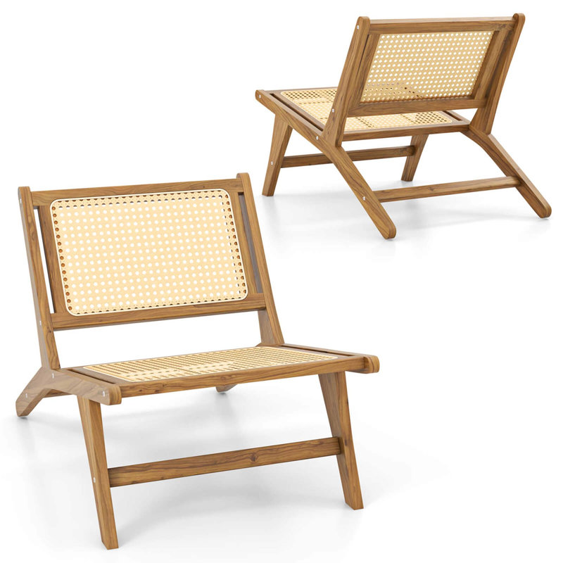 Bayou Breeze 2 Pcs Mid Century Modern Teak Wooden Chair With Handwoven Rattan Seat & Backrest