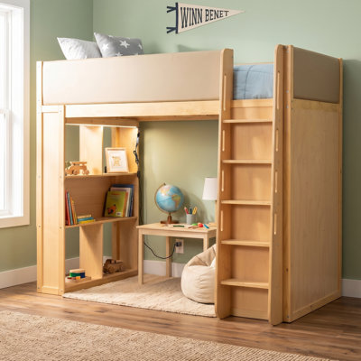 Twin Size Solid Wood Loft Bed with Wardrobe, Drawers, Shelves, PU Leather Guardrails & LED Lights, High Sleeper, Wood Color