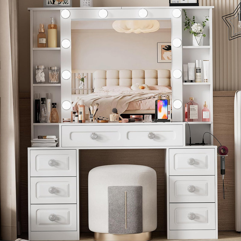 Vanity Desk with with Mirror and Lights,Makeup Vanity Table with Glass Top and  Drawers&Cushioned Stool,Dressing Table with Drawers, Bedroom Makeup Table for Women