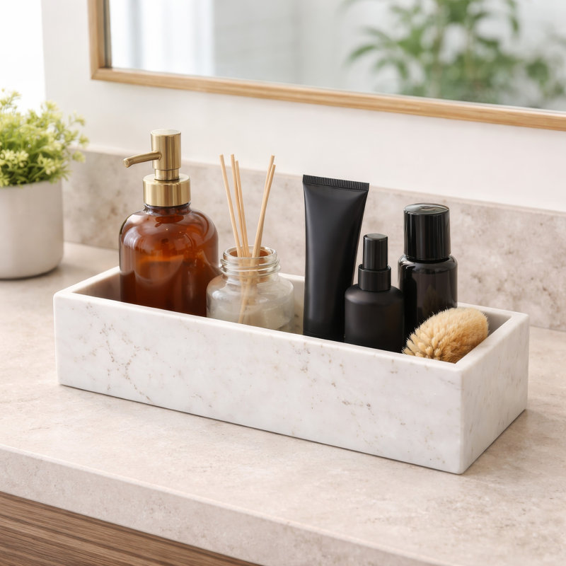 Plateau décoratif avec rebords surélevés, marbre blanc rectangulaire de 15 pouces