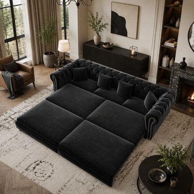 Chesterfield Sofa,89 " W 3-in-1 Pull-Out Sofa Bed, Convertible Sleeper Sofa Bed,King Size Sofa Bed, Chaise Lounge,Velvet 3-Seater Sofa with Movable Ot
