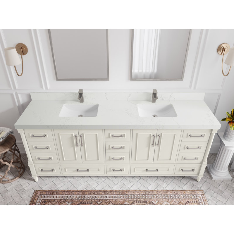 Aberdeen 84" Alabaster Double Sink Freestanding Bathroom Vanity with Quartz Top