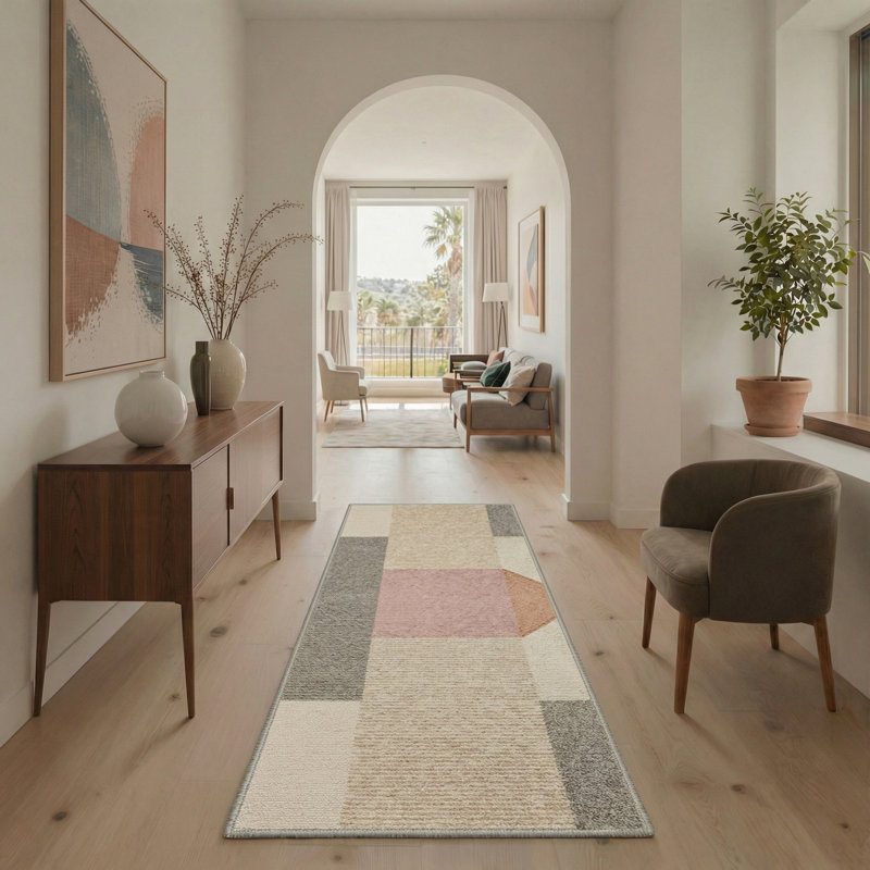 Abdellah Modern Geometric Machine Washable Pink/Beige/Grey Indoor Area Rug With Non-Slip Backing, Runner 2' x 7'