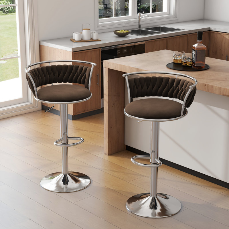 Tabouret de bar pivotant avec dossier Ginko, Argent argent, Café