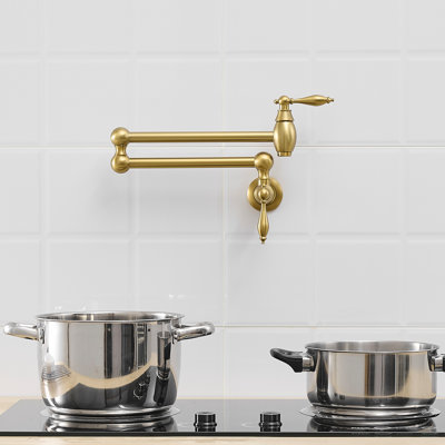 Brushed Gold Brass Wall Mounted Pot Filler, Kitchen Folding Faucet With Stretchable Double Joint Swing Arms, Two Ceramic Valves, Safe Leak Design Mount Commercial Filler In Gold, 360 Rotation Cold Or