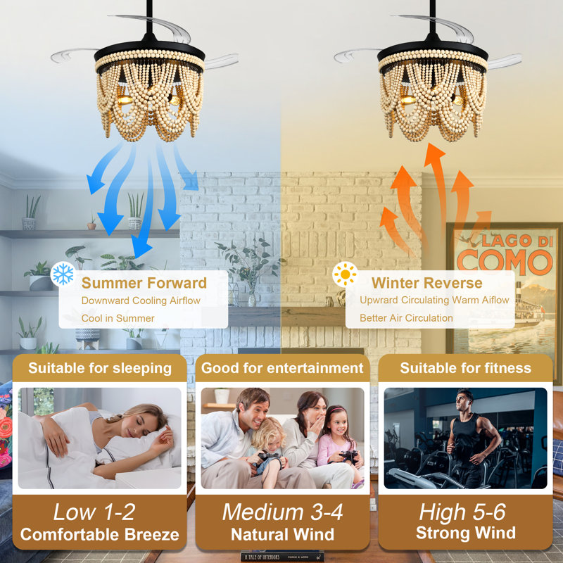 Dayzhane 42" Retractable Ceiling Fan with Lights and Remote Control, Farmhouse Boho Wood Beaded Ceiling Fan for Living Room