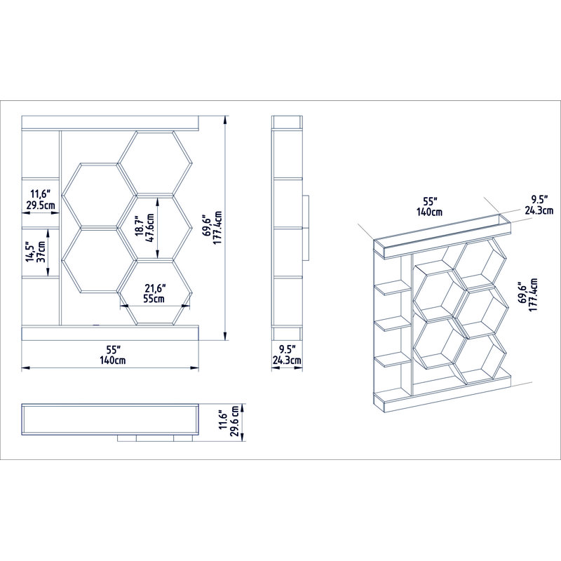 Modern White Bookshelf, 4-Tier Design, 55.1 x 11.6 x 69.9 inches | 100% Melamine Coated Particle Board, Thickness: 0.7 inches | Stylish Geometric Storage Solution for Home & Office, Durable & Elegant