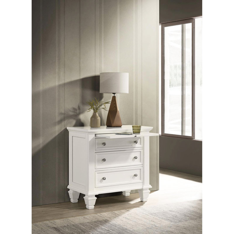 Table de chevet blanc crème avec 3 tiroirs fonctionnels et plateau escamotable pratique