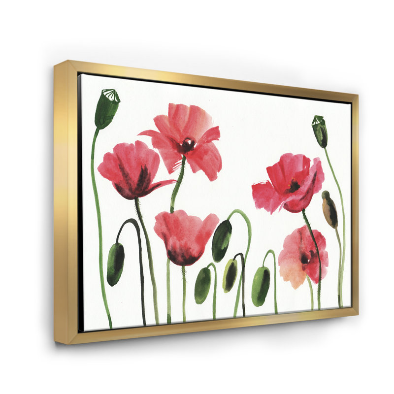 Coquelicots rouges rétro - peinture sur toile, H 16 po x l 32 po x p 1 po, Cadre flottant doré