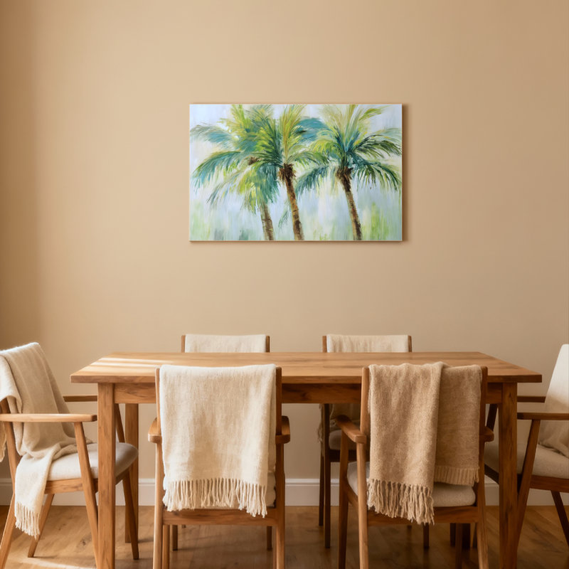 Ensemble de 1 tableau sur toile tendue représentant une scène de plage tropicale avec des palmiers, H 20 po x l 30 po