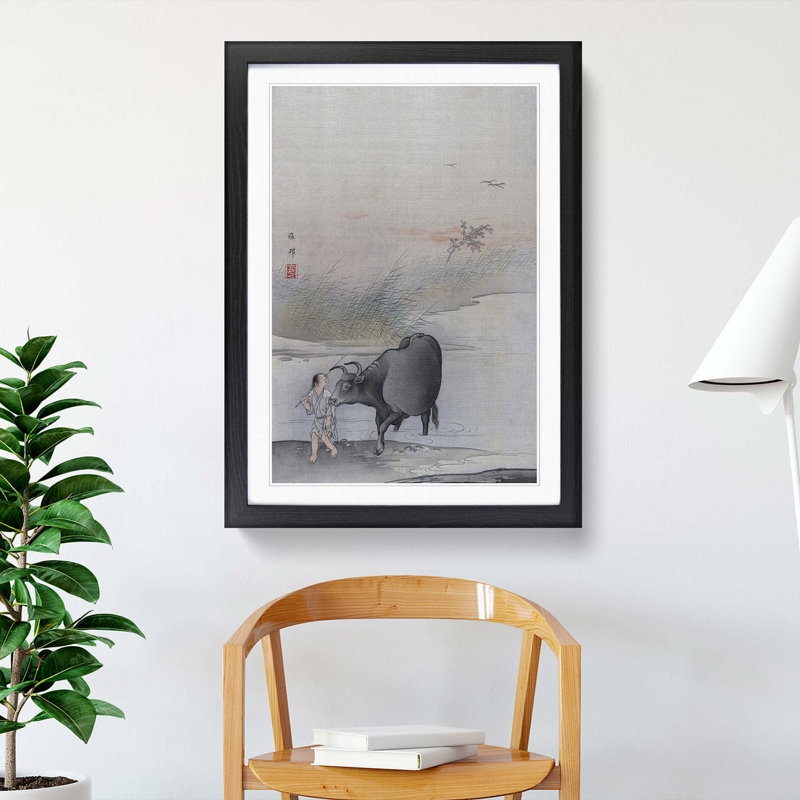 Cow at the Rivers Edge by Hashimoto Gaho - Picture Frame Painting Print, 36cm H x 27cm W x 2cm D, Black Framed