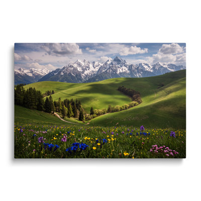 Tableau multicolore sur toile représentant un paysage de prairie fleurie en montagne enneigée, œuvre d'art mural pictural pour le salon, la salle à manger et la chambre.