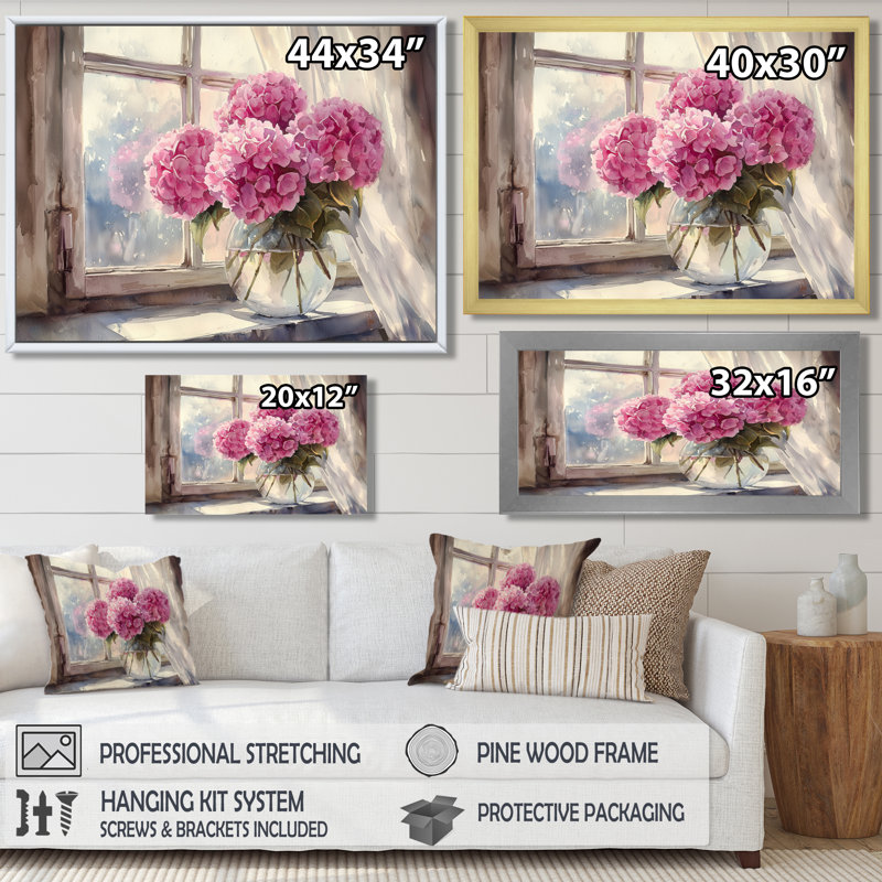 Dobias Hydrangea Bouquets By The Window I - Hydrangea Wall Art Decor, 34" H x 44" W, Floater Framed Print, White