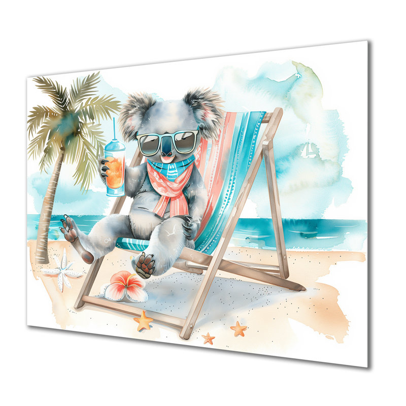 Mignonne plage de koala relaxante - salon d'art mural animal côtier, Métal métal, H 12 po x l 20 po x P 1 po