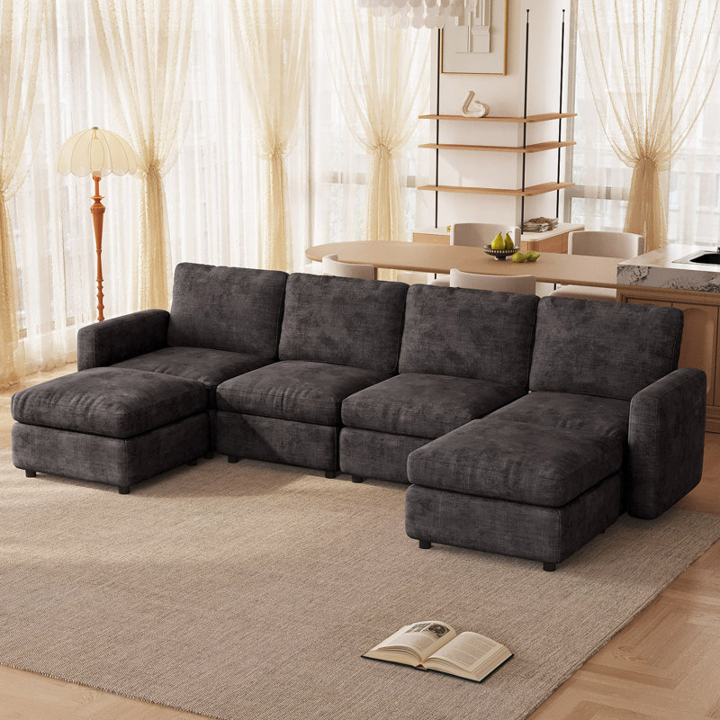6-Seater Modular Sectional Sofa with Ottoman Storage, Grey, 33.46" H x 116.92" W x 57.08" D, 6, Dark Gray