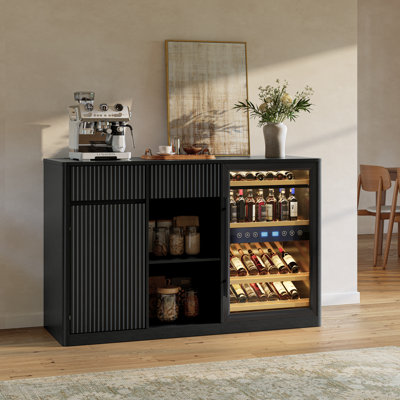 51‑Inch Fluted Black Coffee Bar Cabinet with Drawers(Mini‑fridge Not Included)& Built‑in Power Ports, Modern Wood Beverage Station with Mini‑Fridge Nook for Home Theater, Office & Game Room