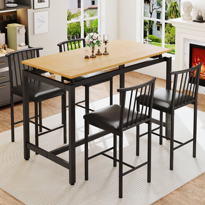 5 Pieces Dining Set, Industrial Counter Height Pub Bar Table Set, PU Stools with Backrest -  Ebern Designs, 317FD6386A5E4569BDA2852097A3D4B8