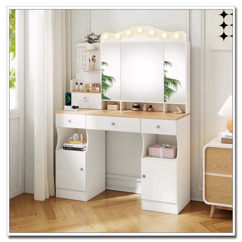 Vanity Desk with Mirror and Lights,Makeup Vanity with 2 USB Power Strip, Vanity Set with Three Drawers and Two Cabinet
