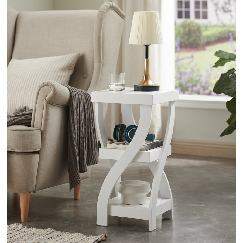Twisted Wood Accent End Table, 3-Tier Side Table with Open Storage Shelves, Narrow Nightstand or Sofa Table for Bedroom, Living Room & Office - White