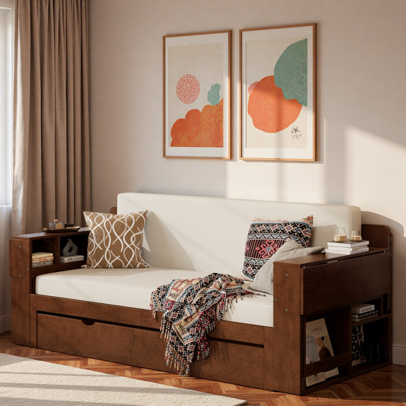 Multifunctional Daybed With Storage Drawer, Open Compartments And Hydraulic Side Table, Queen, Espresso