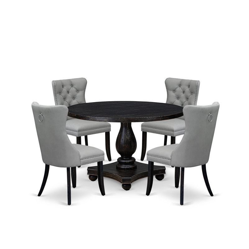 5 Piece Dining Table Set Includes a 48" Round Table with Pedestal and 4 Light Gray Polyester Fabric Parson Chairs, Sand Blasted Black