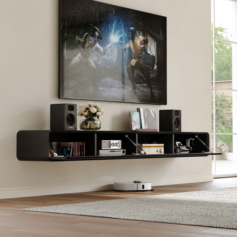 Meuble télé suspendu, centre multimédia avec 4 tiroirs, bois massif, entièrement assemblé, Noir, noir, noir, noir, 94.48''