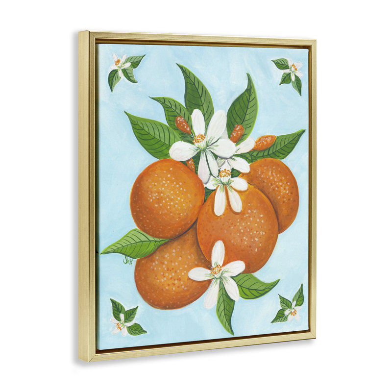 «Botanical Citrus Oranges Floater», art mural par Sarah Waldron Kimball, H 31 po x l 25 po, Cadre flottant métallique doré