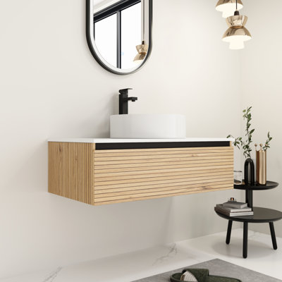 Meuble-lavabo en céramique blanche, 91 cm (36 po), 1 tiroir à fermeture douce, design suspendu, style distinctif, idéal pour les salles de bains modernes, grand espace de rangement inférieur, rayures estivales, contemporain