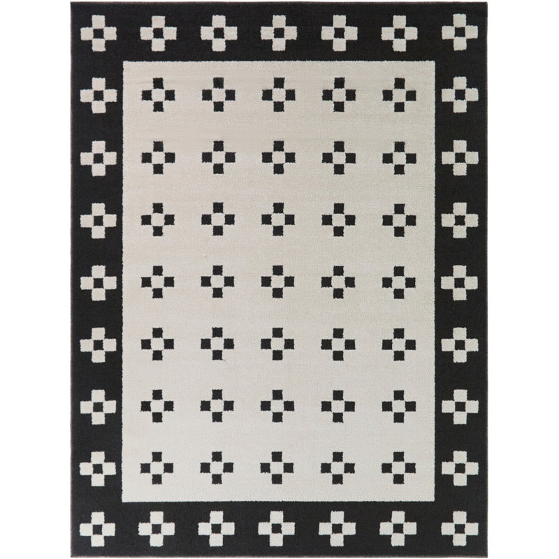 Sebenico Cream/Black Geometric Border Area Rug, 5'3" x 7'