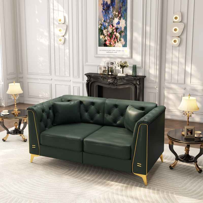 Canapé Chesterfield 2 places modulaire avec coussins capitonnés vert pour salon, appartement, L 61,8 po, Similicuir vert