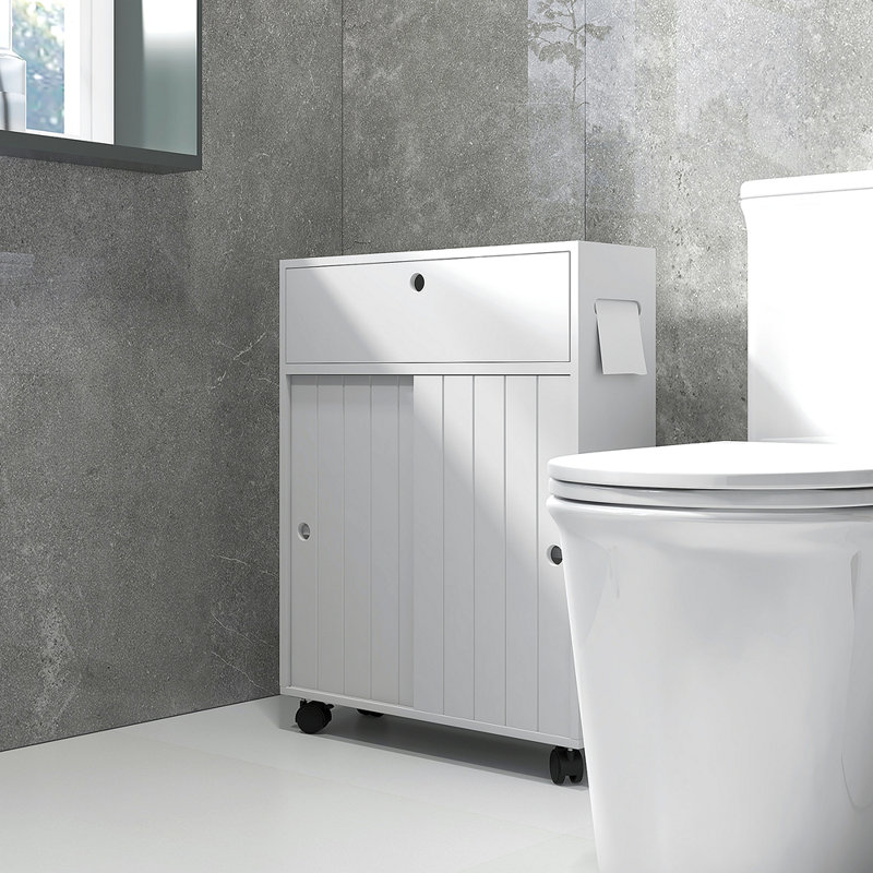 Armoire à papier hygiénique, armoire de salle de bain mince avec 4 roulettes, petite armoire de rangement de salle de bain avec trous en papier, portes coulissantes et tablette réglable pour les petits espaces
