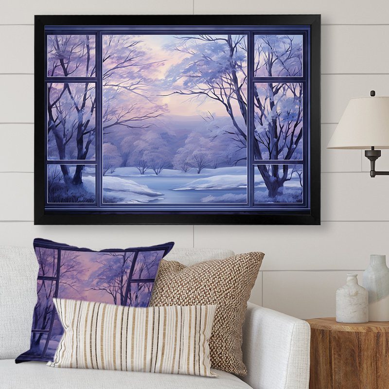 «Purple River Winter Windows IV - Winter Landscape», art mural, Cadre d'angle fermé noir, H 12 po x l 20 po x P 1 po