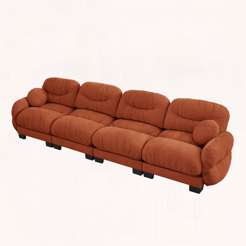 Canapé modulaire plissé en chenille 4 places avec siège ergonomique en mousse et accoudoirs courbés, Orange