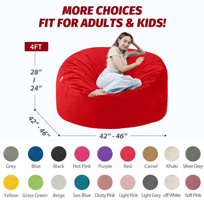 7ft Pre-filled Memory Foam Bean Bag Chair, Red, 30" H x 56" W x 56" D