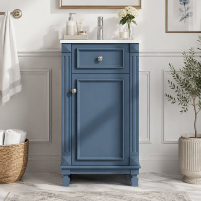 Meuble-lavabo de 18 po de style français avec lavabo en céramique, motifs sculptés exquis et détails rayés, porte à fermeture en douceur, conception compacte pour les petits espaces