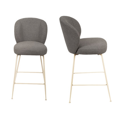 Tabourets de comptoir gris de 2, tissu rembourré, pieds en métal thermolaqué pour revêtement de tissu d'inspiration industrielle de salle à manger, support blanc dans la zone